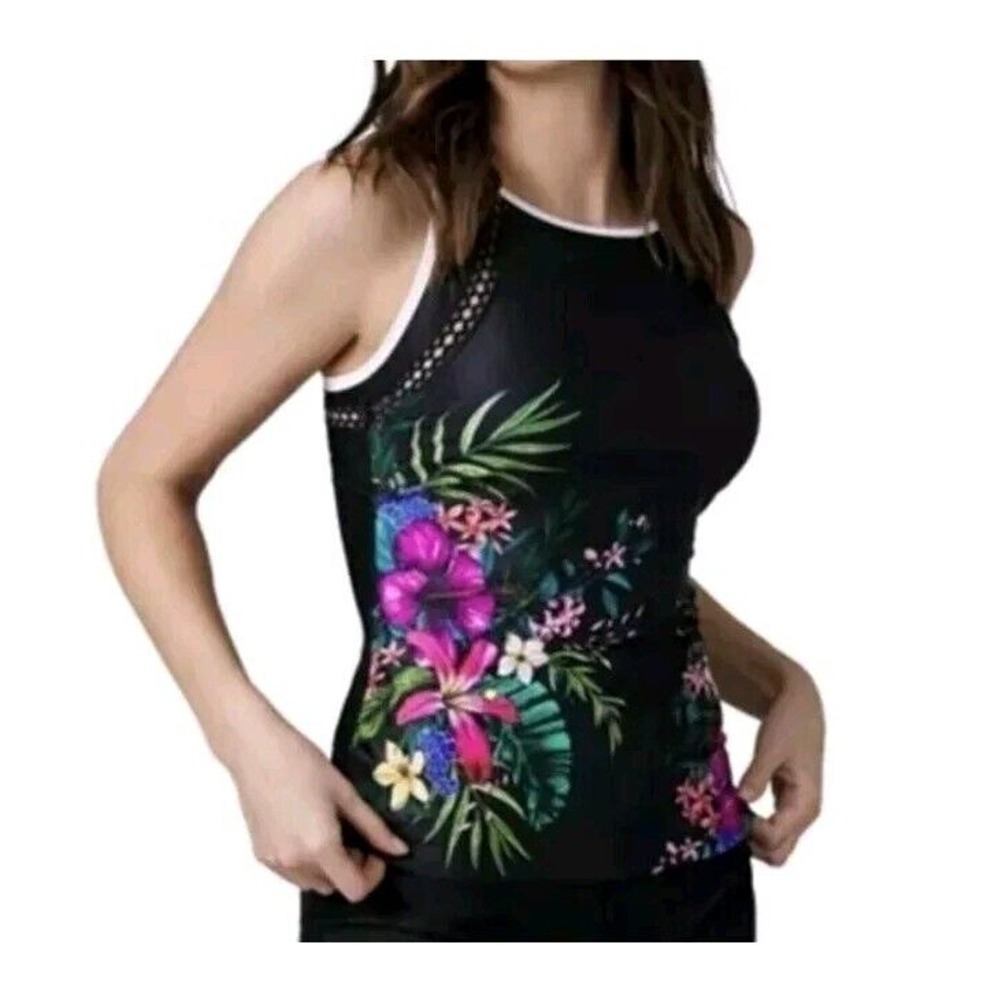Free Country Women XXL Tankini Top Swimsuit Floral Black Eyelet Removable Pads